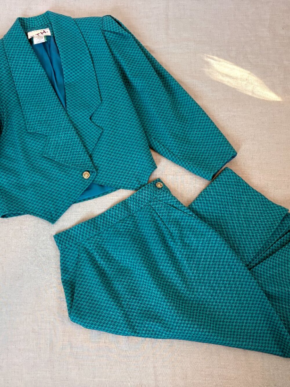 Vintage KTH Teal & Navy Skirt Suit Made in Canada | 2 Piece Set